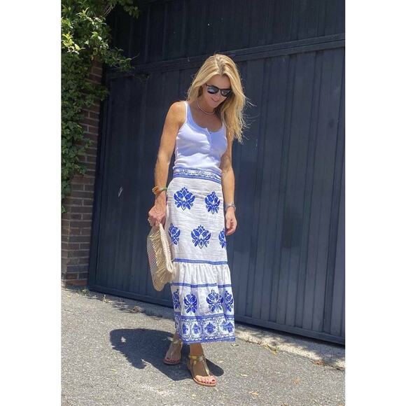 ZARA Blue White Linen Embroidered High-Waist Midi Skirt